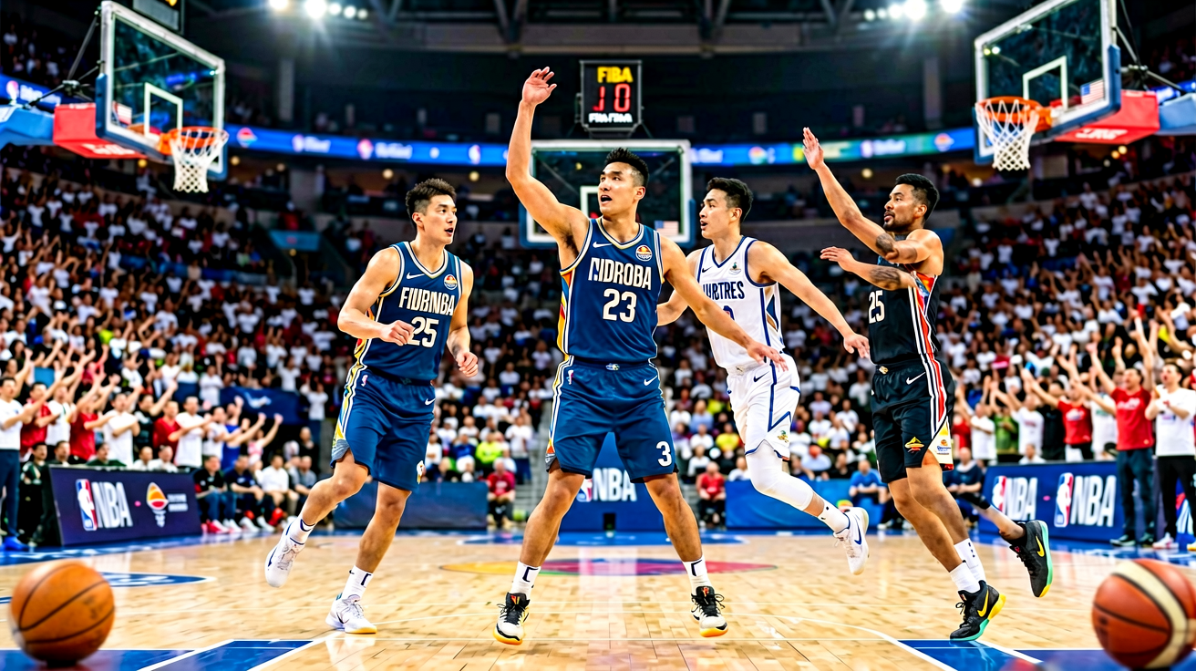 国际篮球赛事包括FIBA世界杯和欧冠篮球的赛场画面，体现捷报比分的全球覆盖